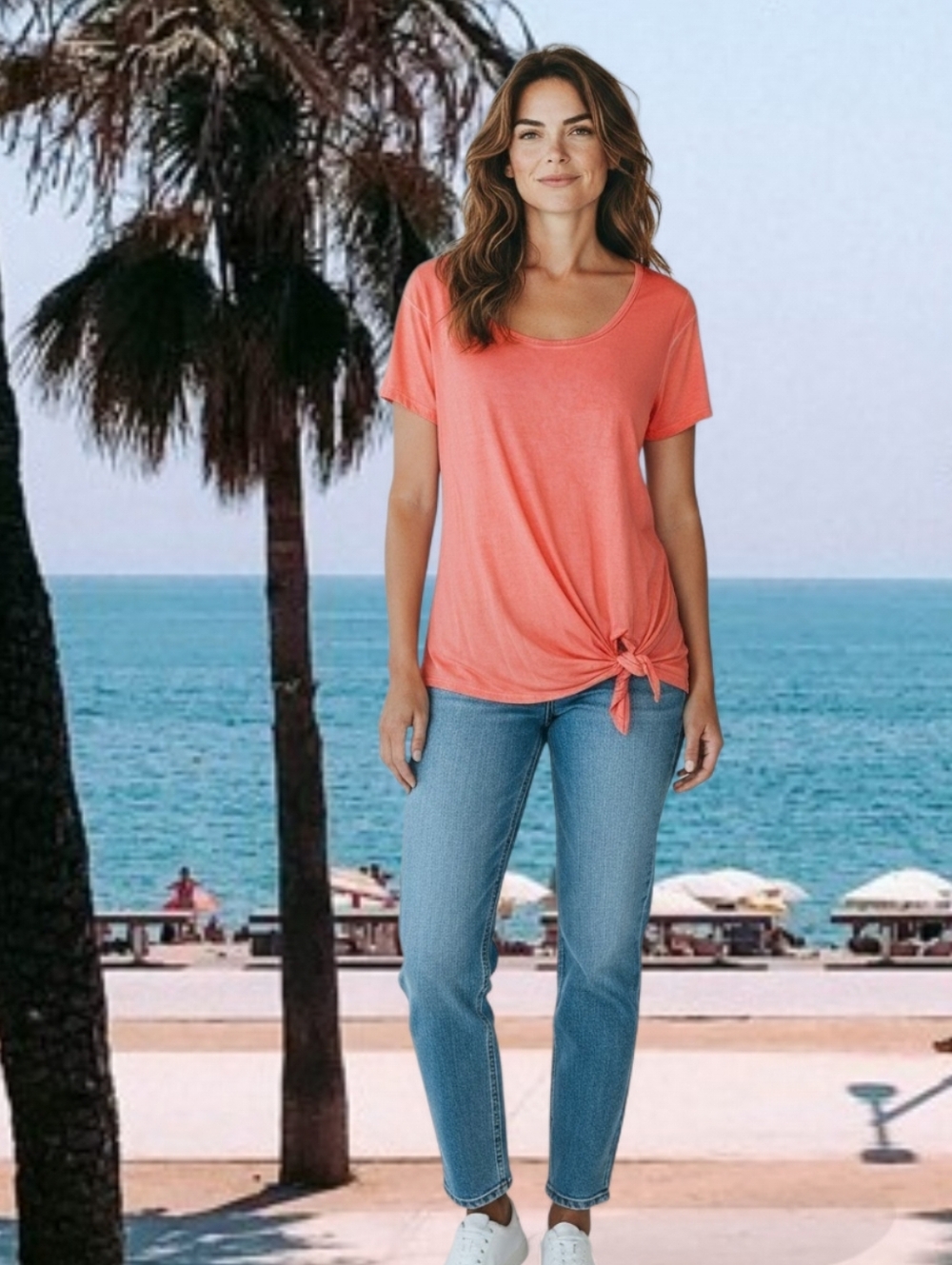 Umgee Reddish Orange Tie-Front Scoop Neck Top Size S LIKE NEW